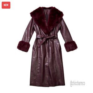 Leather Coat with Faux Fur Trim, Belted Long Coat, Collar and Cuffs Detail